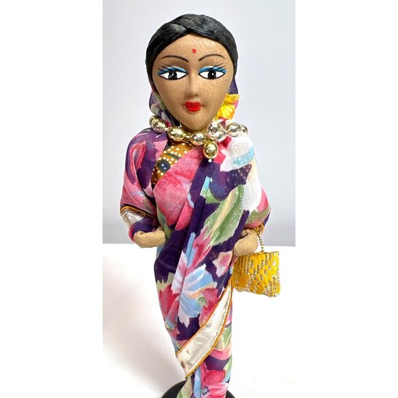 Handcrafted Indian Doll In Floral Saree With Beaded Jewelry & Yellow Purse On St - Picture 2 of 5